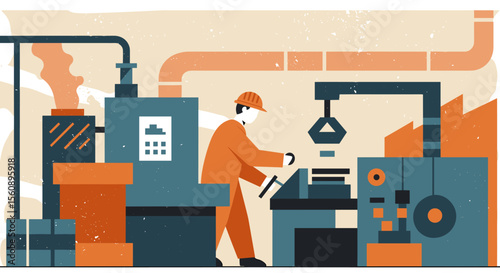 A male worker in a flat design illustration operates heavy machinery within a bustling industrial factory setting, showcasing modern manufacturing processes.