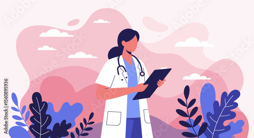 A female doctor in a modern, flat design illustration is reviewing a patient's chart against a soft, abstract background, suitable for a medical landing page.