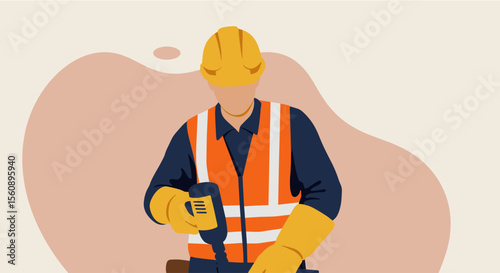 A construction worker in a hard hat and safety vest uses a device, representing industry and professional services in a modern flat design.