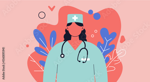 a person wearing a medical uniform, with a stethoscope around their neck and a cross symbol on their hat. Suitable for landing page, banner, marketing, web design, presentation, infographic, etc.