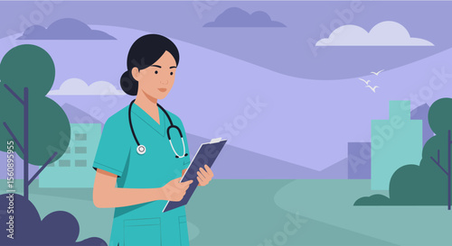 Friendly female doctor in flat design style holds a clipboard, standing outdoors in a park, perfect for healthcare websites, landing pages, and presentations.