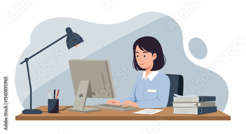 A woman is seated at a desk, working on a computer with a lamp beside her, and a stack of binders on the desk. Suitable for landing page, banner, marketing, web design, presentation, infographic, etc.