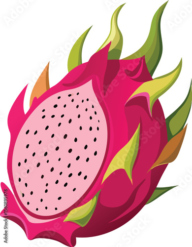 Vibrant sliced dragon fruit with spotted skin and seeds isolated on white background isolated on transparent background