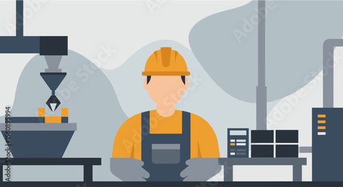 A flat design illustration showcasing a factory worker in a yellow hard hat overseeing the automated manufacturing process, suitable for a technology landing page.