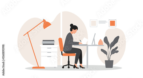 a woman seated at a desk, working on a laptop, with a potted plant and a floor lamp in the background. Suitable for landing page, banner, marketing, web design, presentation, infographic, etc.