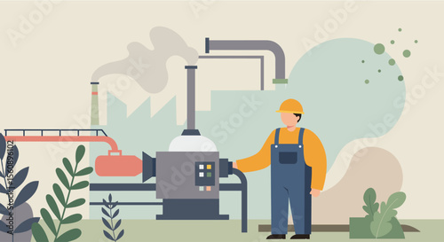 a worker in overalls and a hard hat standing next to a large industrial machine with pipes and smoke. Suitable for landing page, banner, marketing, web design, presentation, infographic, etc.