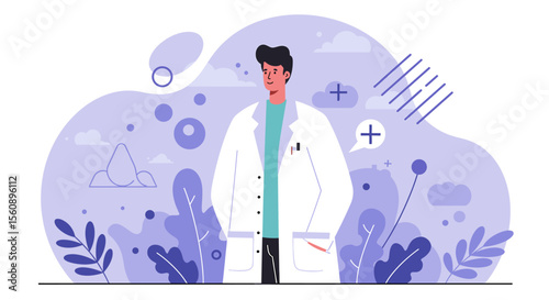 a man in a white lab coat standing against a backdrop of abstract shapes and plants. Suitable for landing page, banner, marketing, web design, presentation, infographic, etc.
