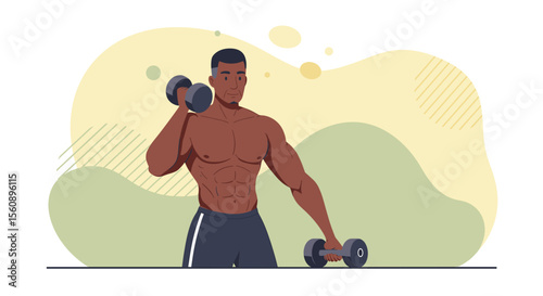 A muscular man is depicted in a flat design illustration, lifting dumbbells as part of his fitness routine, set against an abstract background for web banner.