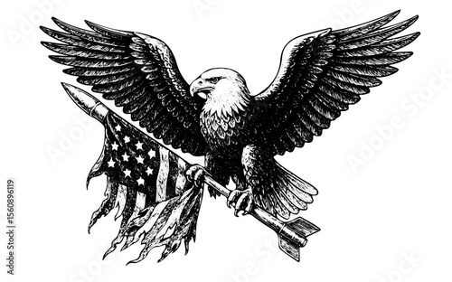 Eagle Holding Tattered American Flag – Vintage Engraving Illustration – Vector and PNG Isolated on Transparent Background
