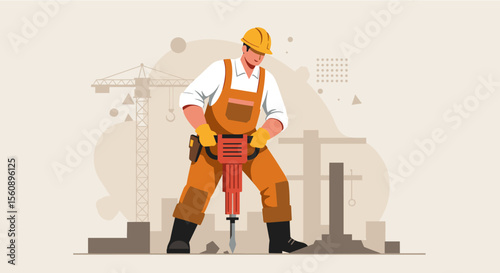 A construction worker in a hard hat and overalls operates a jackhammer on a building site, depicted in a modern flat design illustration style.