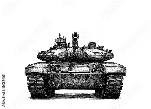 Battle Tank Front View – Vintage Engraving Illustration – Vector and PNG Isolated on Transparent Background
