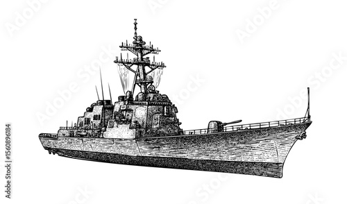 Military Warship Side View – Vintage Engraving Illustration – Vector and PNG Isolated on Transparent Background
