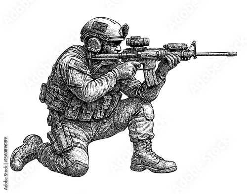 Tactical Soldier Aiming Rifle in Kneeling Position – Vintage Engraving Illustration – Vector and PNG Isolated on Transparent Background

