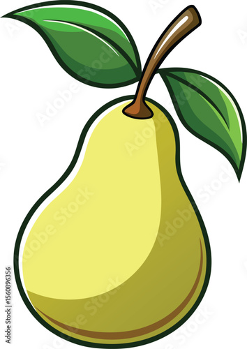 A single ripe green pear with a curved body stem and leaf isolated on white background isolated on transparent background