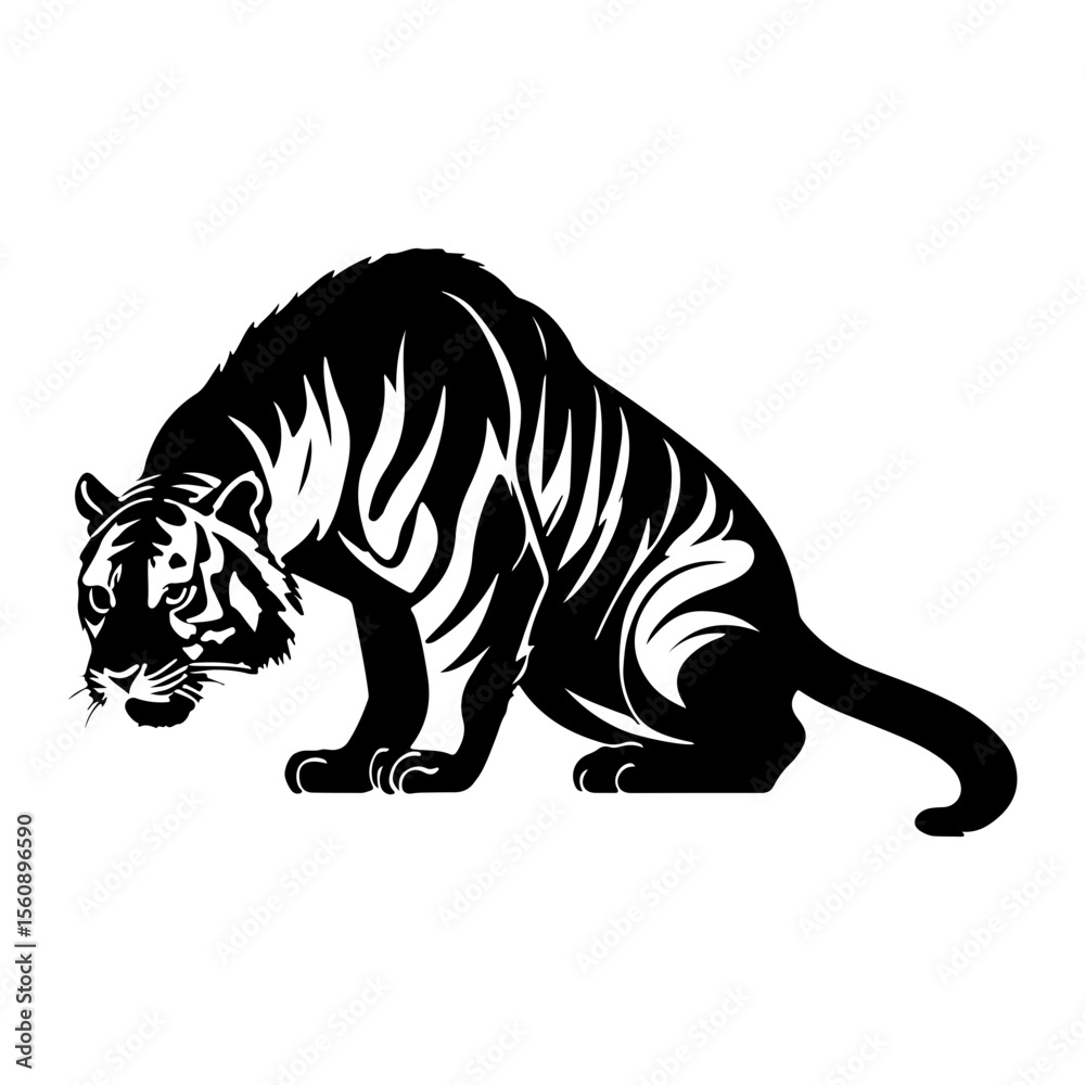 Fototapeta premium Stylized black and white illustration of a tiger crouching down low to ground