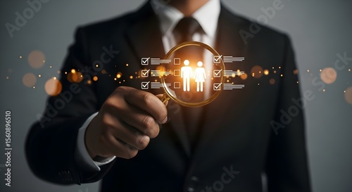 A businessperson uses a magnifying glass to examine candidate profiles, symbolizing the meticulous selection process.