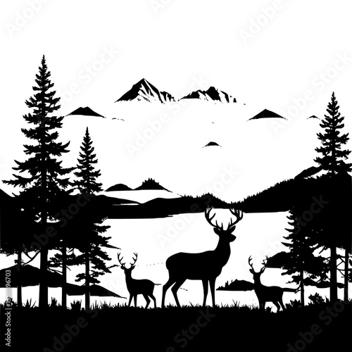 Deer standing in a forest clearing with mountain ranges in the distance, all in silhouette