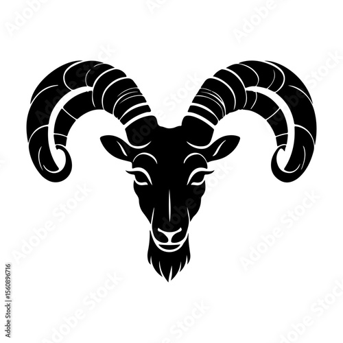 Majestic goat head with intricately detailed spiraling horns in striking silhouette