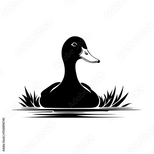 Silhouette of a Duck in the Water with Grass in Black and White