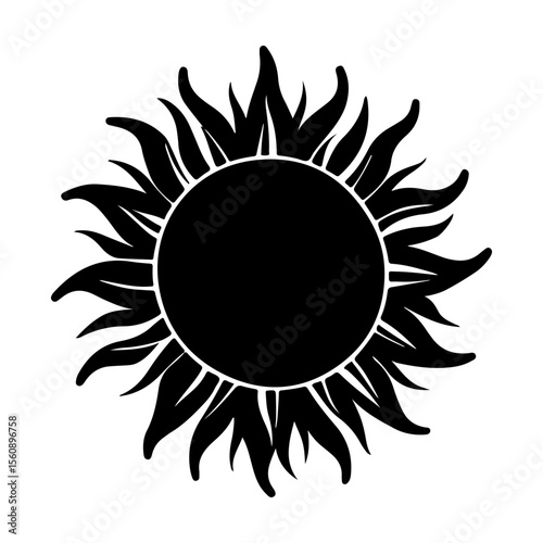 Stylized Black Sun Illustration on White Background, Simple Design, Circular Shape