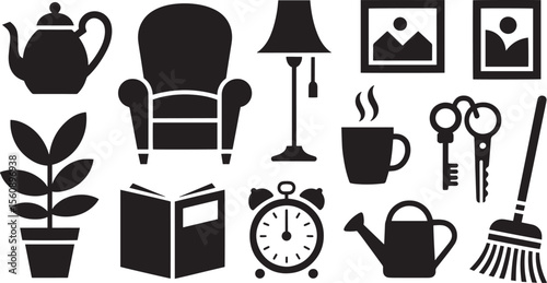 Black and White Household Icons Collection Armchair Teapot Plant Lamp Keys Watering Can Broom Coffee Mug Alarm
