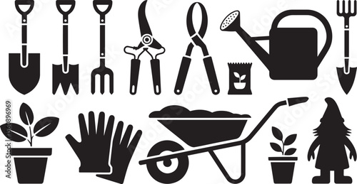 Black And White Gardening Tools Icons Set Shovel Fork Trowel Pruners Secateurs Watering Can Wheelbarrow Gloves