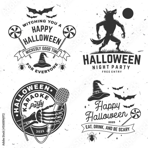 Set of Halloween is coming design. Vector illustration. For holiday Halloween design, shirt, logo, badge, decorations, cards, banner with werewolf, skull hand hold microphone, wizard hat, spiders