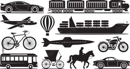 Black and White Silhouette Collection of Various Transportation Modes Including Cars Trains Planes Bikes and Boats