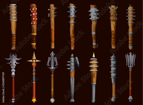 Fantasy medieval club weapon game asset. Fairytale hammer, ancient bludgeon weapon RPG game inventory vector item. Magical war hatchet, fantasy wooden club with metal spikes and blades GUI icons