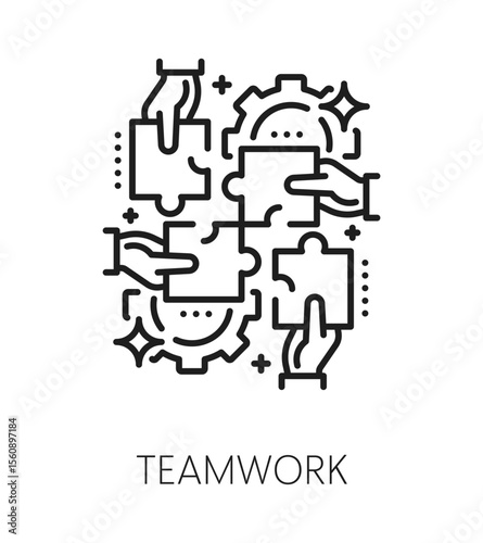 Teamwork life skills line icon or symbol. Employees teamwork ability outline vector sign, worker personal quality lineart icon. People life skills outline symbol with hands connecting puzzle pieces