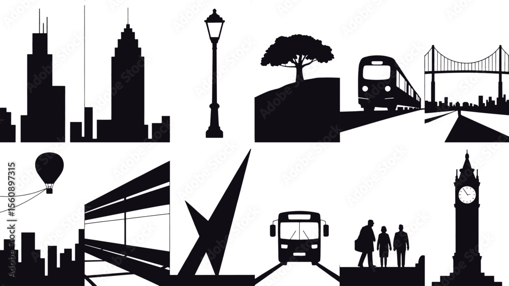 Naklejka premium Blackand White Cityscape Silhouettes Train Bus Hot Air Balloon Big Ben Modern Architecture vector