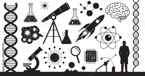 Blackand White Science Icons Set Including D N A Molecules Brain Telescope Microscope Rocket Atom Erlenmeyer