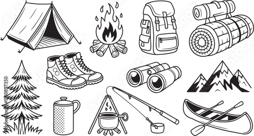 Camping Gear Line Art Illustrations Tent Backpack Boots Fire Canoe Fishing Rods Binoculars Mountains Tree