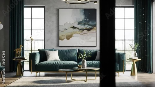 A living room featuring a teal sofa, abstract art, and gold accents under a modern chandelier