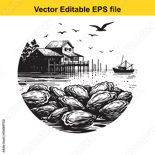 Elegant Oyster Shell Hand Drawn Illustration for Seafood Menu and Gourmet Food Promotion An intricate vector graphic of an oyster presenting culinary delicacy and seaside freshness Suitable for luxury