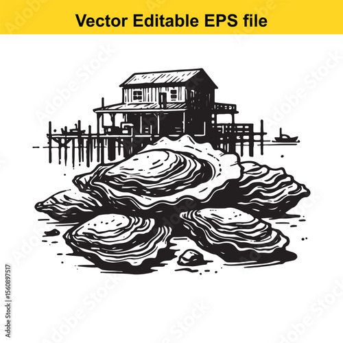 Elegant Oyster Shell Hand Drawn Illustration for Seafood Menu and Gourmet Food Promotion An intricate vector graphic of an oyster presenting culinary delicacy and seaside freshness Suitable for luxury