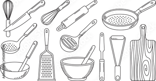Detailed Line Art Illustrations of Kitchen Utensils Whisk Rolling Pin Spatula Grater Wooden Cutting Board