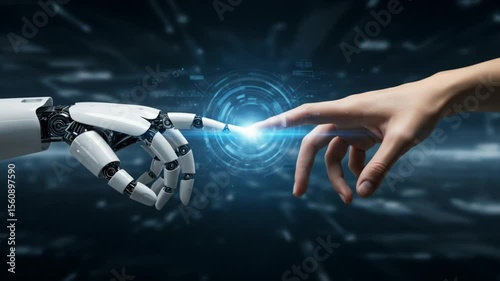 Artificial intelligence robot and human hand touching ai technology connection concept future