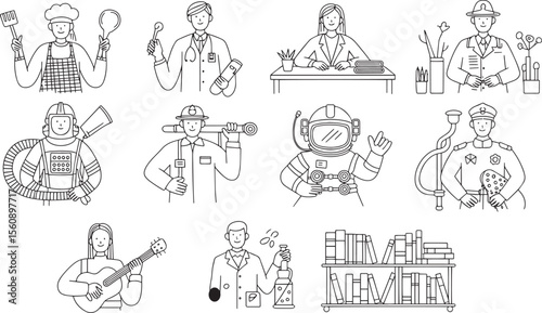 Line Art Illustrations Diverse Professions People Chef Doctor Receptionist Park Ranger Astronaut Police Officer