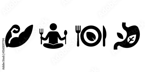Healthy Eating and Gut Health Icon Set. Plant-based eating icon set that represents clean eating, gut microbiome, mindfulness, and vegan/healthy lifestyle.