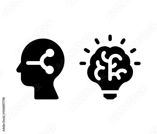 Silhouette vector icons of a human head and brain with tech-style elements, symbolizing innovation, AI, connectivity, and creativity, new ideas.