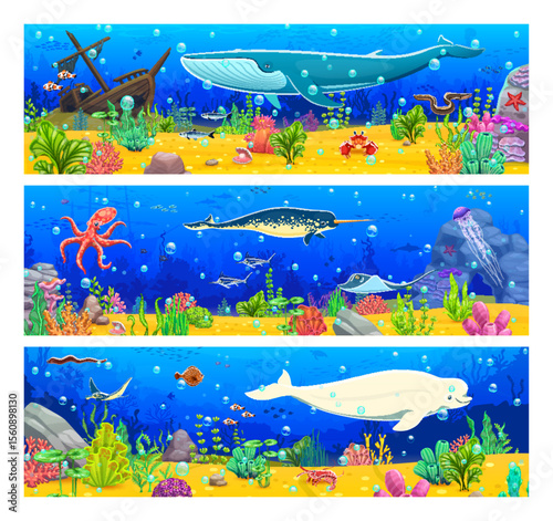 Game ocean underwater background with cartoon sea animal characters, algae seaweeds, sunken ship and rocks, coral reefs and sand bottom. Underwater panoramic background with whale, narwhal and beluga