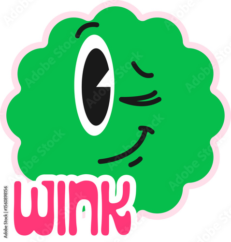 Winking emoji Y2K groovy sticker or retro symbol. Funny positive Y2K vector tag, hippie cute cartoon sticker. Retro 60s groovy patch or vintage 80s funky label with green emoji funny face