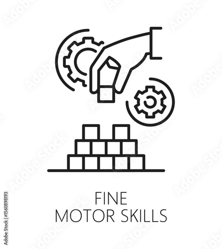 Kids motor skills cognitive ability line icon or symbol. Brain function outline vector icon, mental capability therapy pictogram. Cognitive ability sign with hand building pyramid with kids bricks