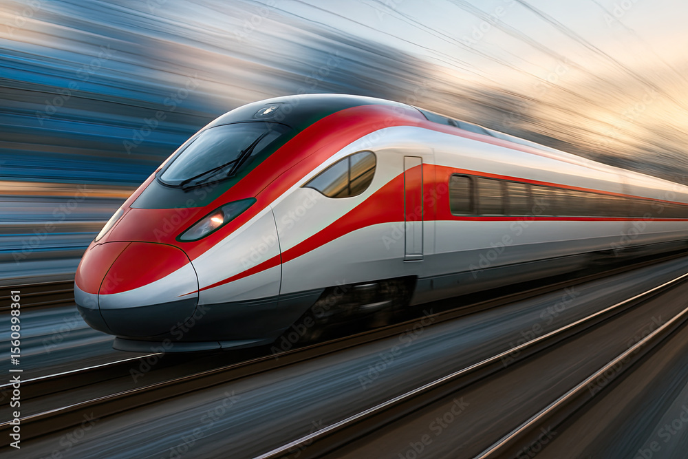 Fototapeta premium Modern High-Speed Train in Motion with Dynamic Blur and Sleek Red-Silver Design
