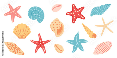 Set of colorful cartoon sea shells and starfish in various shapes and colors, isolated. For scrapbooking, summer, sea, ocean, beach, vacation, tropical, card design. Flat vector. Hand drawn items.