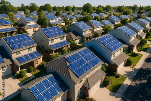 Aerial view of residential neighborhood with solar panels installed on multiple house rooftops demonstrating renewable energy and eco-friendly living