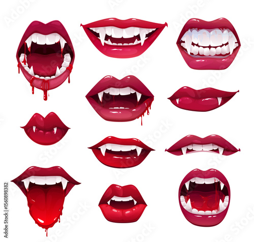 Vampire mouths and teeth vector set of Halloween horror holiday monsters. Sexy female lips with fangs, blood drops and tongues, red lipstick open mouths and smiles of witches or beast creatures