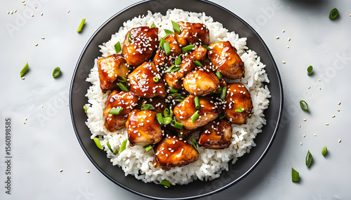 Plate of teriyaki chicken with rice isolated on white background, top view