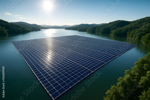 Solar panel array floating on a lake renewable energy concept sustainable power generation environmental protection green technology